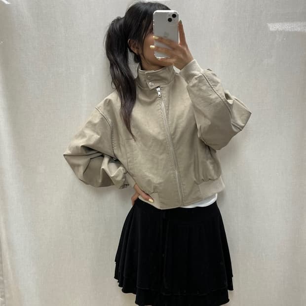 빈티지 베이지 크롭 레더 자켓/#3624