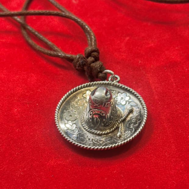 빈티지 멕시코 솜브레로 925 실버 펜던트 브라운 가죽 목걸이