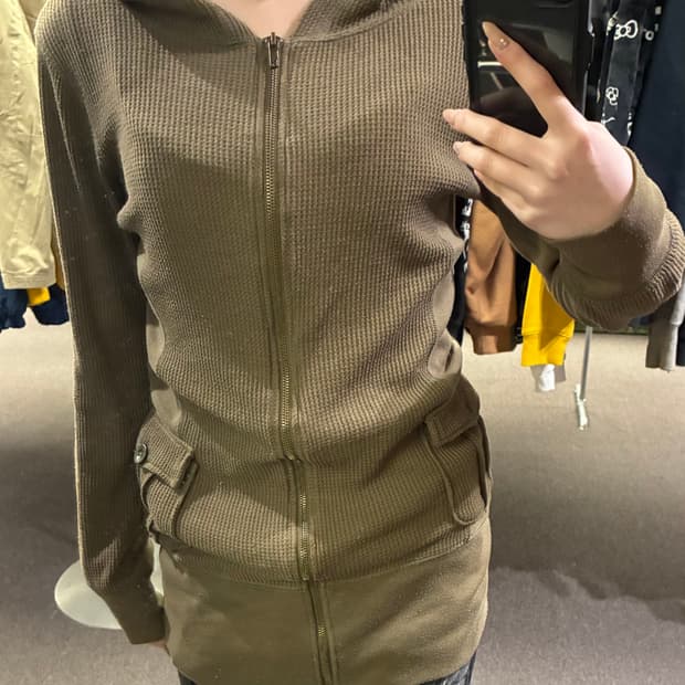 L)BLUE STRIVE 빈티지 여성 와플 니트 후드 집업