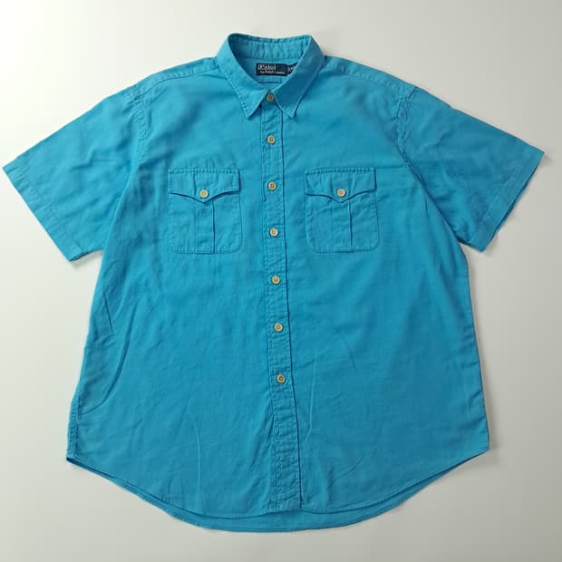 CK483 2XL 폴로 90s 터쿼이즈블루 반팔 린넨 워크 셔츠 남방