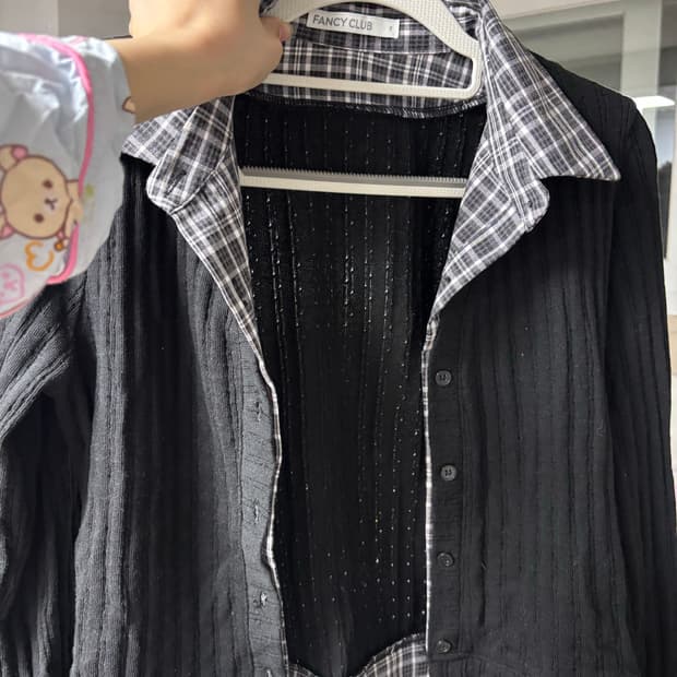 팬시클럽 체크 레이어드 가디건 블랙