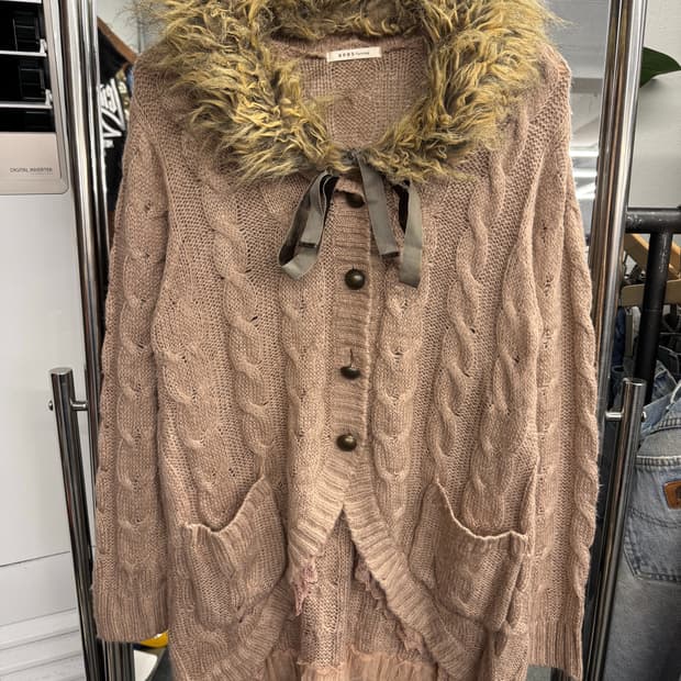 japanese vintage 여성 케이블 니트 퍼 가디건