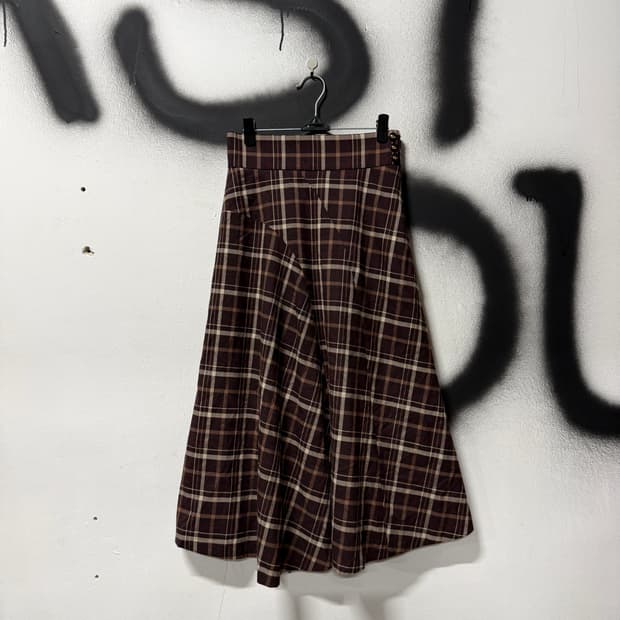 VTG 빈티지 브라운 체크 플레어 뒷 밴딩 롱 스커트