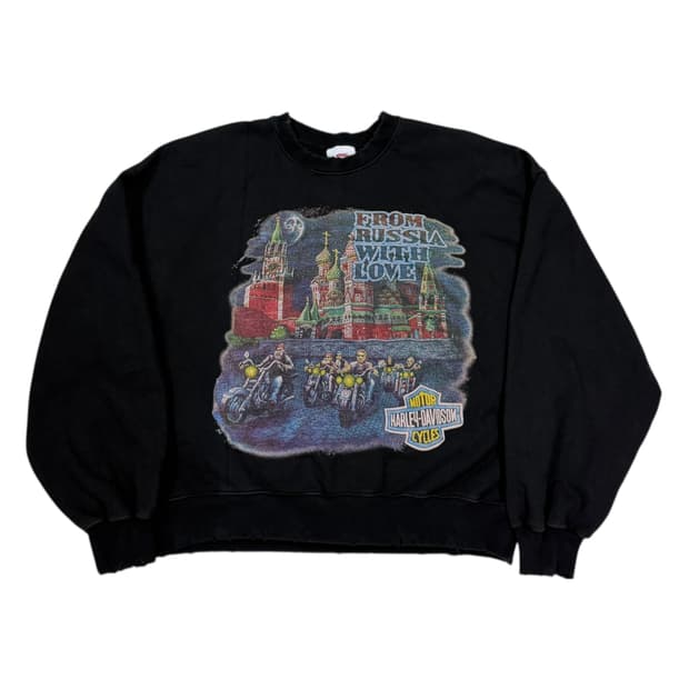 빈티지 할리데이비슨 프린팅 데미지 디테일 맨투맨 블랙