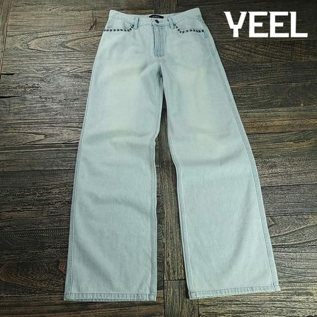 [LEEY YEEL] 아이스워싱 스터드 리벳 와이드 데님팬츠 M19816