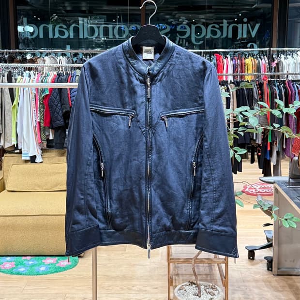 베르사체 네이비 린넨 레더 트림 블루종 자켓