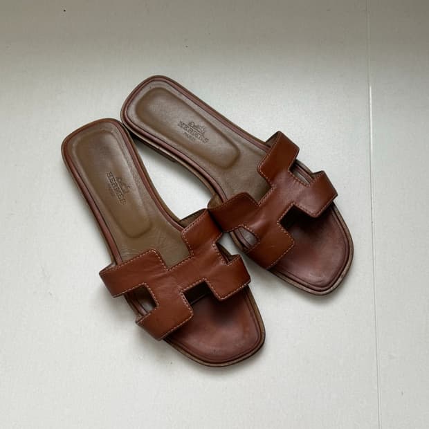 에르메스 오란 슬리퍼 샌들 브라운 골드 36 230