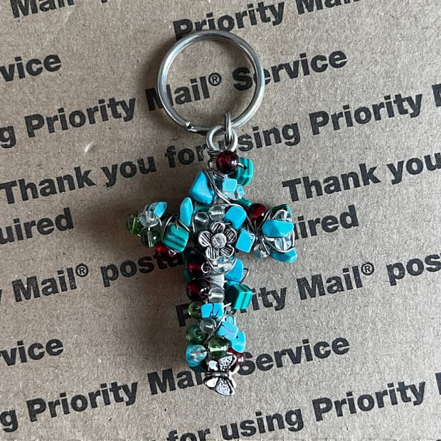 90s vtg Beaded Cross Keyring