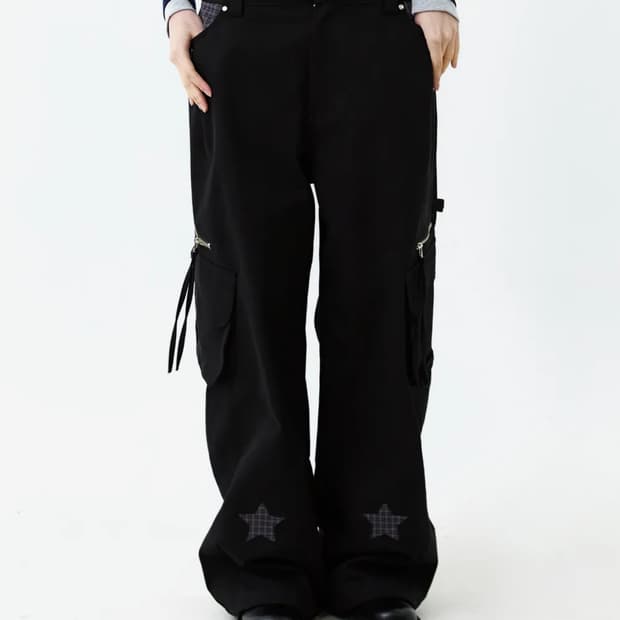 아워세이아워 스타 체크 배색 스터드 카고팬츠 블랙