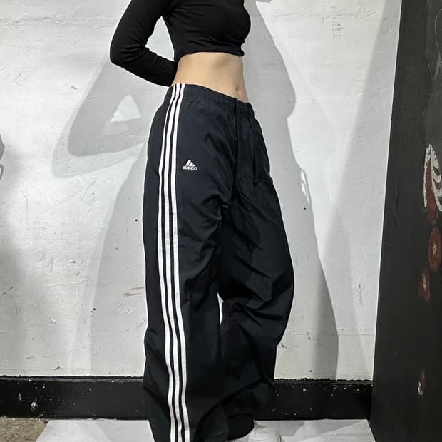 아디다스 블랙 와이드 화이트 삼선 스몰 로고 트랙 팬츠 추리닝 바지 L