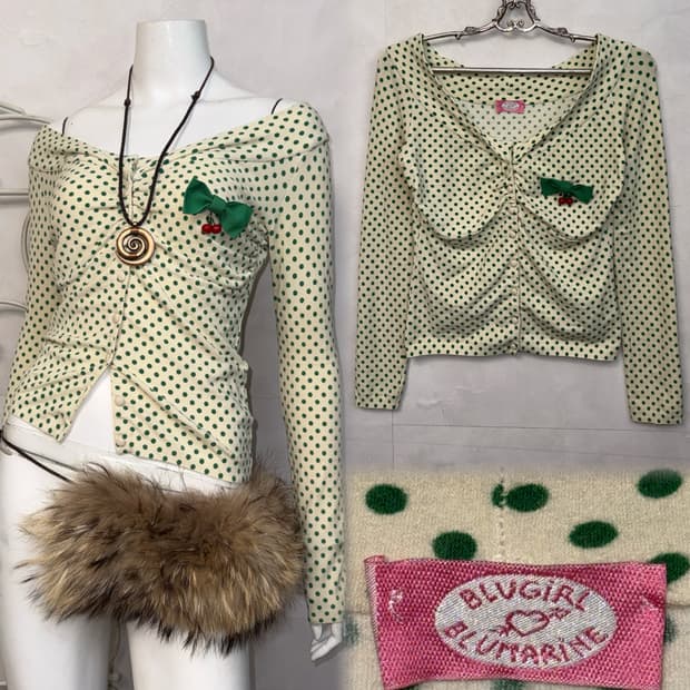 Blumarine green dot offshoulder cardigan