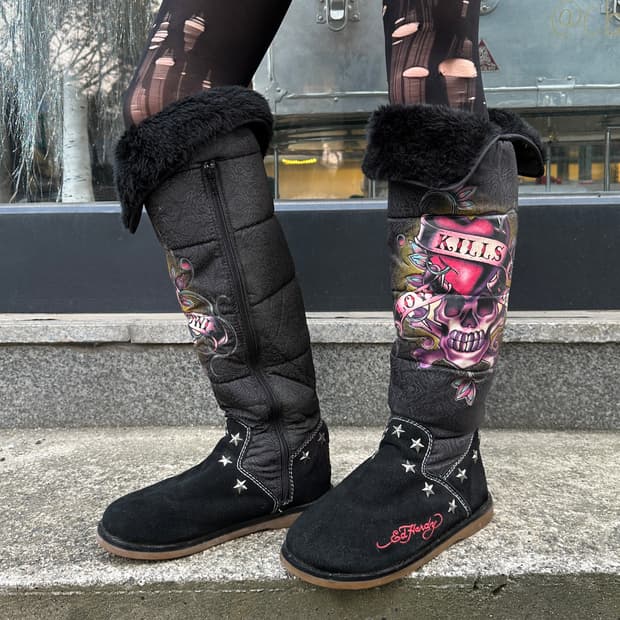 00s 레어 에드하디 스웨이드 니하이 타투 부츠