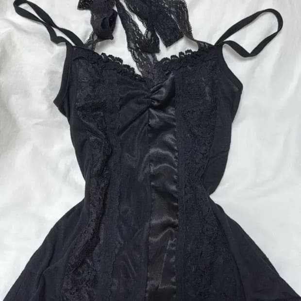 일본빈티지 블랙 레이스 홀터넥 슬립