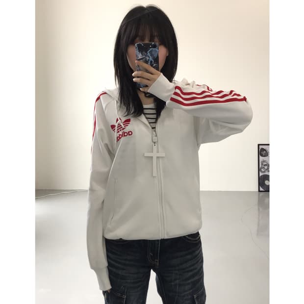 Adidas White & Red Firebird Zip Up Hood