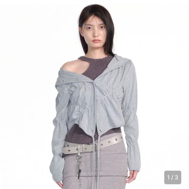 세릭 셔링 랩 후드 가디건 그레이