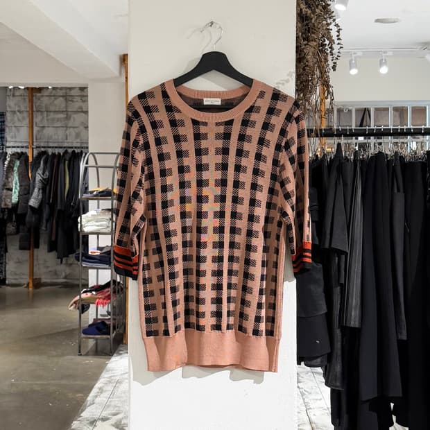 드리스 반 노튼 코퍼핑크 체크 7부 반팔 니트