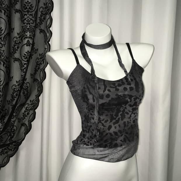 스카프 호피 레오파드 시스루 레이어드 슬리브리스 