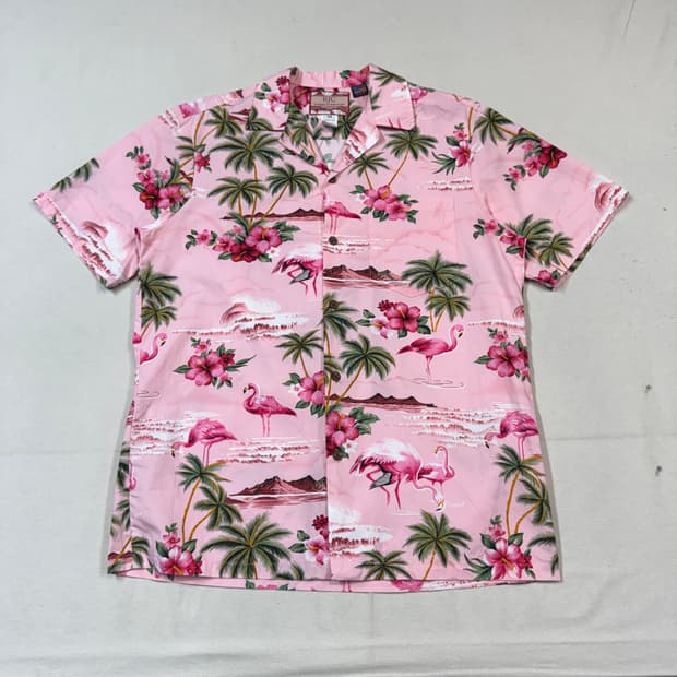 M) RJC 하와이안 플라밍고 오픈카라 셔츠 Made in Hawaii