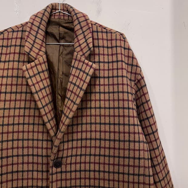 후아유 양모 배색 체크 울 투버튼 롱코트