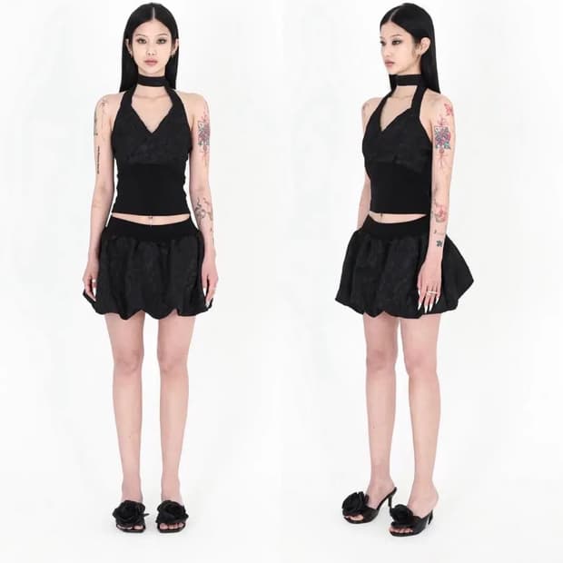 달링유어배드 플라워 홀터넥 탑 벌룬 미니 스커트 세트