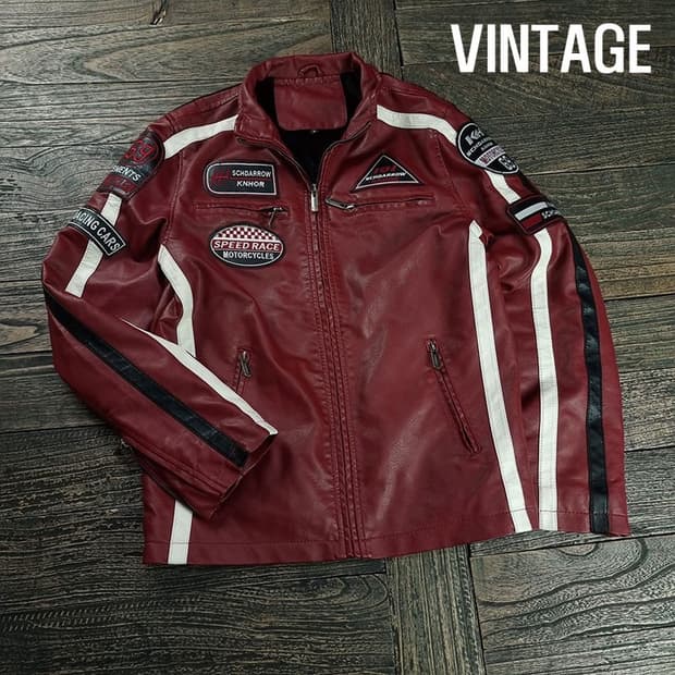 [빈티지] 비건레더 멀티패치 레이싱 바이커 라이더 가죽 자켓 M19542