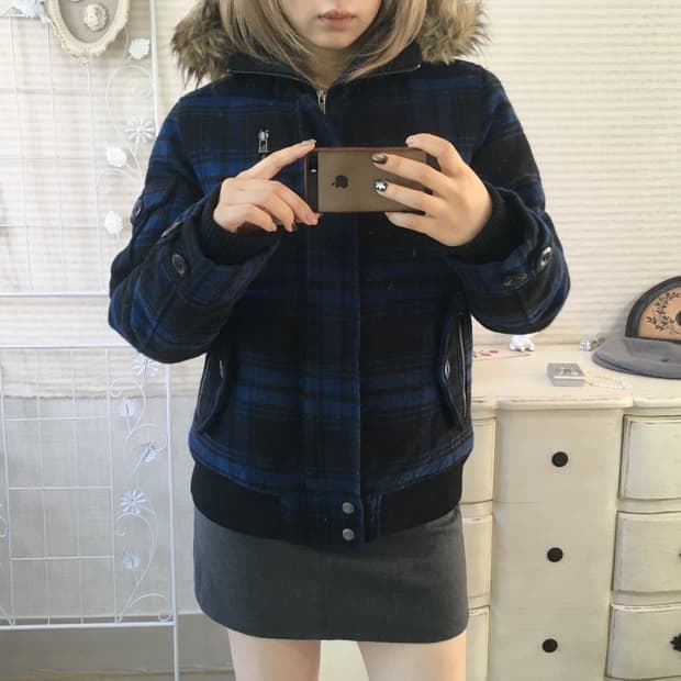 일본빈티지 블루 블랙 체크 후드 패딩 점퍼