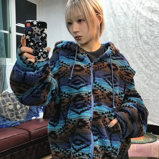 빈티지 에스닉 나바호 후드 후리스 자켓 