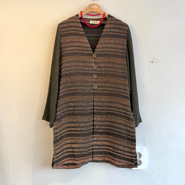 카키 스트라이프 롱 가디건