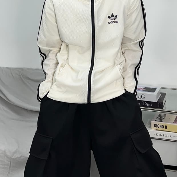 아디다스 화이트 매쉬 후드 트랙탑 L