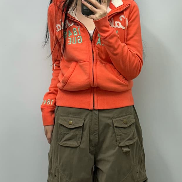 후아유 y2k 와투케 오렌지 양털 후드집업