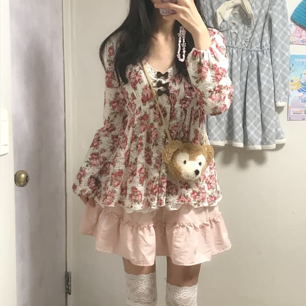 빈티지 리즈리사 플라워 핑크 브라운 블라우스 히메갸루 로걀 짜잔씨 라떼