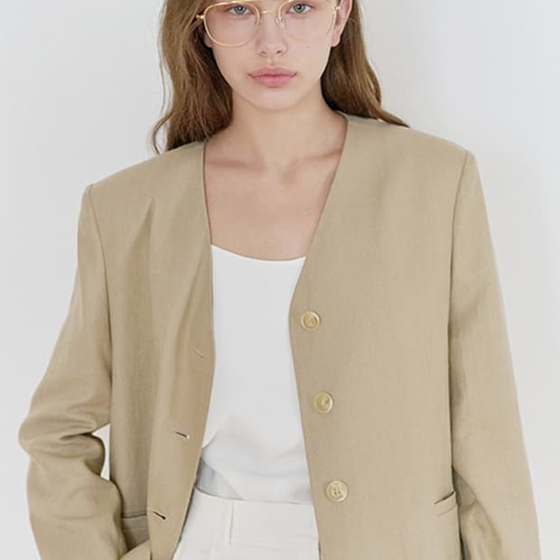 닐바이피 25N 린넨 브이넥 노카라 미니멀 베이지 자켓 34