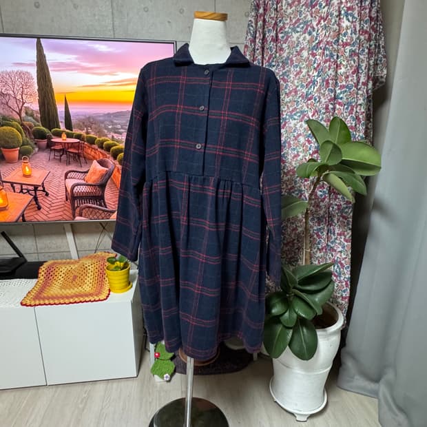 네이비 레드체크 카라 긴팔 모직 원피스 빈티지스타일