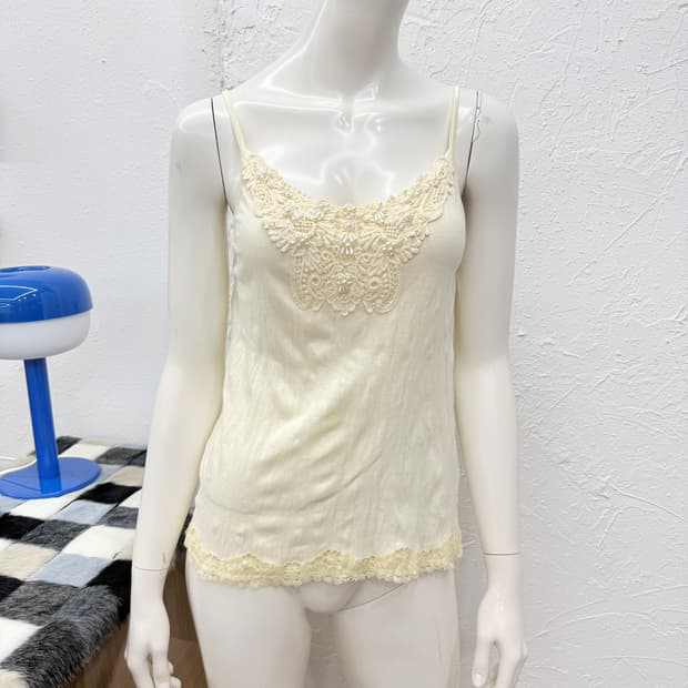 빈티지 Axes Femme 아이보리 비즈 레이스 슬리브리스