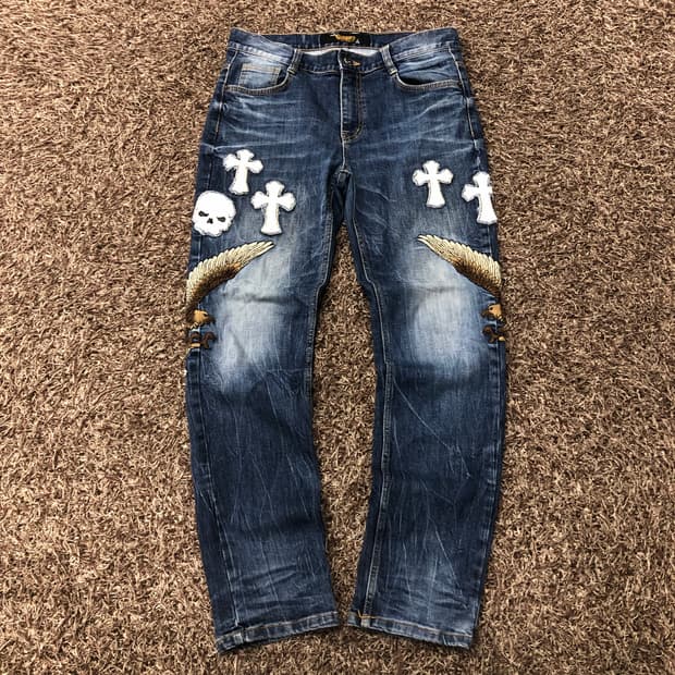 34 CLOUD72 스컬 크로스 이글 패치 워싱 데님 팬츠
