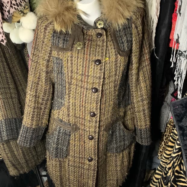 y2k 브라운 퍼 체크 롱코트