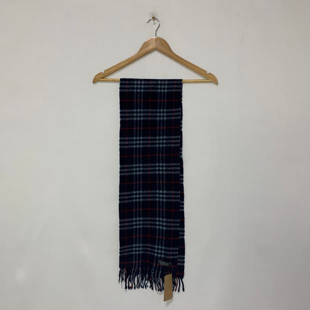 버버리 체크 머플러 네이비 100% 램스울 태슬 목도리