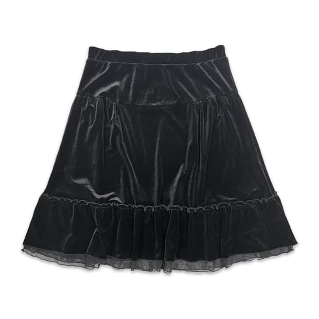 빈티지 블랙 벨벳 프릴 미디 스커트