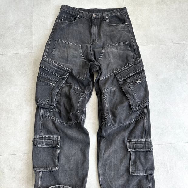 JPN VTG 블랙 데님 집업 오버와이드 카고 팬츠