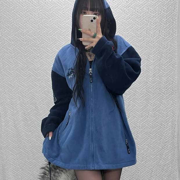 푸부 레트로 90's 딥블루 오버핏 후리스 후드집업 105 C09295