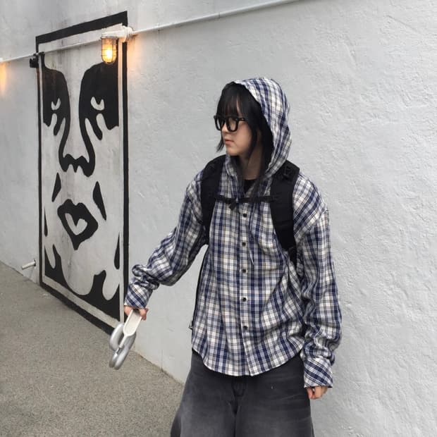 니치스 체크 후드 셔츠 새상품