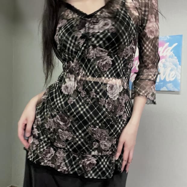 블랙 엔틱 고딕 로즈 장미 프릴 레이스 셔링 쉬폰 레이어드 블라우스