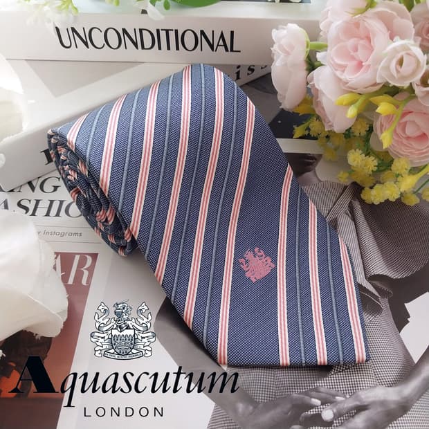 아쿠아스큐텀 블루 스트라이프 넥타이 9.2cm S~A+등급 K2506