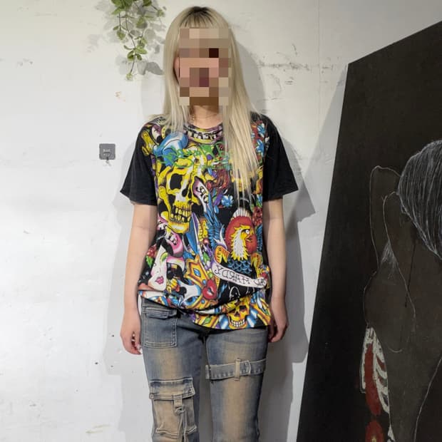 00s 에드하디 아카이브 y2k 해골 프린팅 펑크 반팔 티셔츠 S