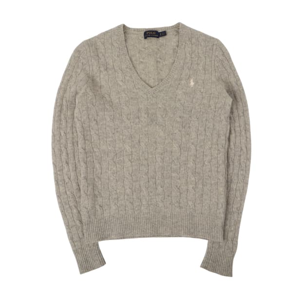 폴로 랄프로렌 그레이 울 캐시미어 케이블 브이넥 니트