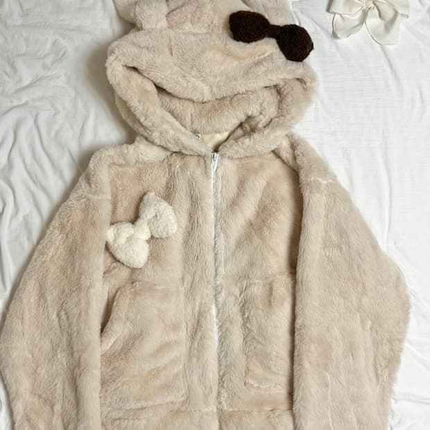 베이지 우사미미 퍼 후드집업 후리스