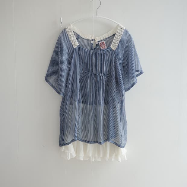 Romantic crochet blue striped blouse