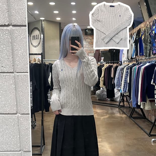 폴로 랄프로렌 브이넥 꽈배기 니트 베이지 M  #csz4162