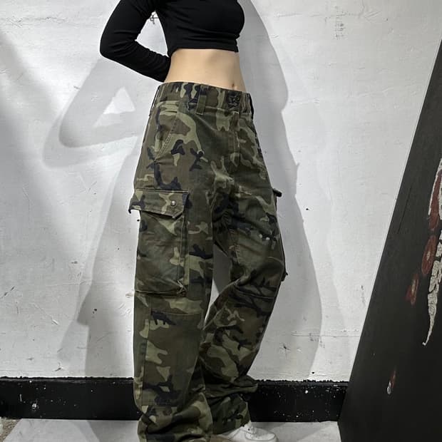 일본 빈티지 카키 밀리터리 카모 와이드 카고 팬츠 군복 바지 