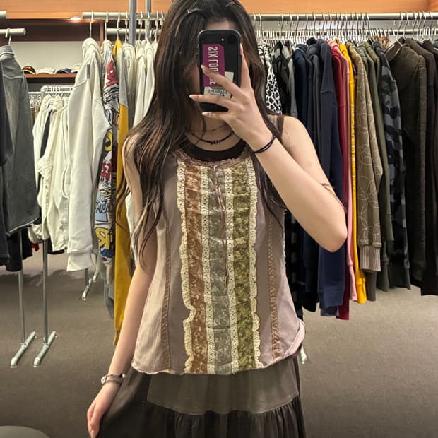 M)Japanese vintage 여성 레이스 디테일 브라운 나시